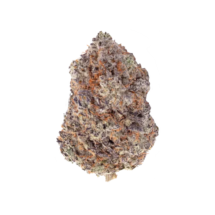 A close-up of Açai Berry Gelato cannabis buds, showcasing vibrant green flowers with purple hues, bright orange pistils, and a frosty coating of trichomes, highlighting its rich appearance.