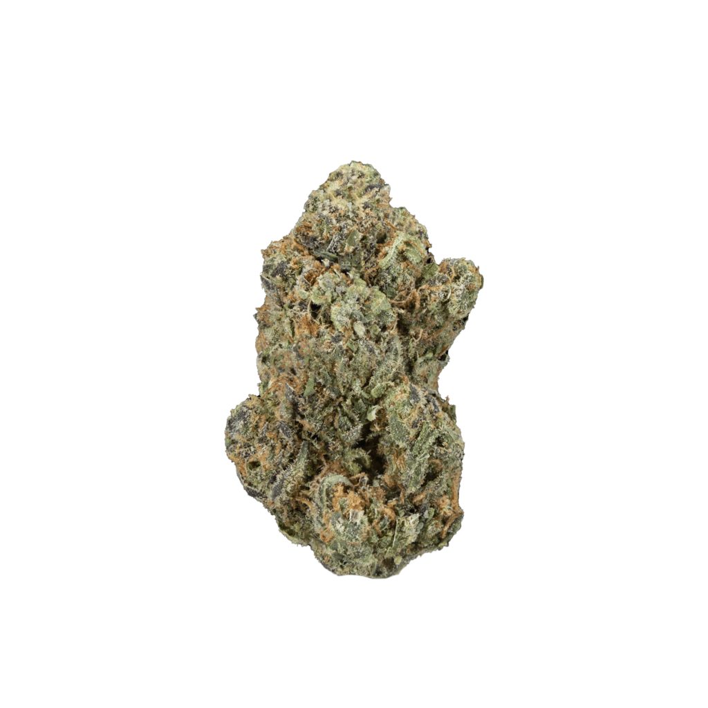 A close-up view of Blue Dream cannabis buds, showcasing its dense, green structure with a touch of purple and covered in a sparkling layer of trichomes.