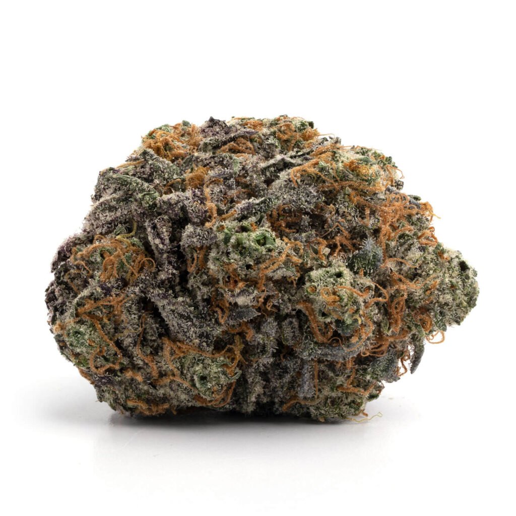 A close-up of Cherry Kush cannabis buds, featuring vibrant green flowers with deep purple hues, bright orange pistils, and a thick layer of trichomes, showcasing its rich appearance.