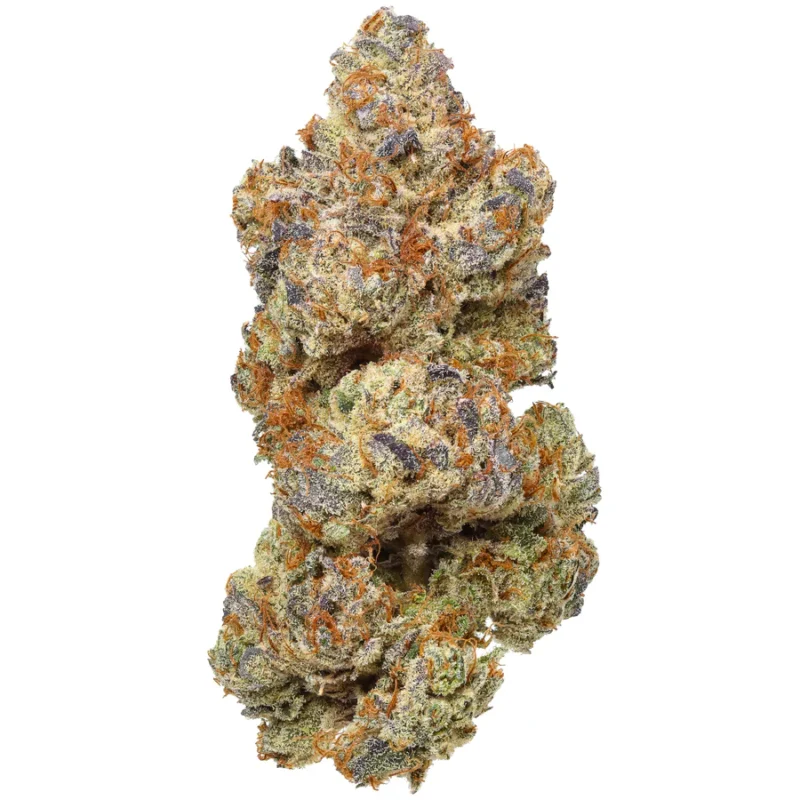 A close-up of OG Kush cannabis buds, featuring dense, green flowers with orange pistils and a thick layer of trichomes.