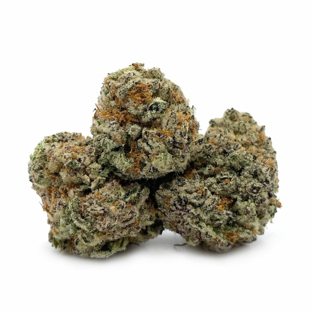 A close-up of Animal Face cannabis buds, featuring dense, frosty green flowers with a layer of trichomes and vibrant orange pistils.