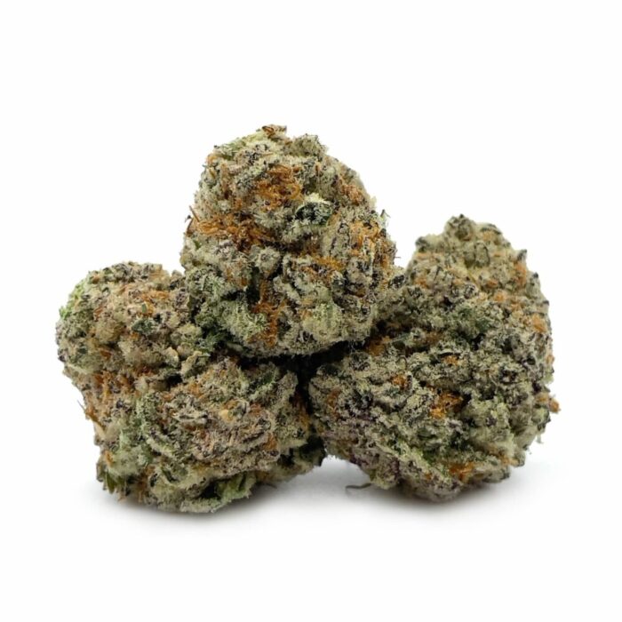A close-up of Animal Face cannabis buds, featuring dense, frosty green flowers with a layer of trichomes and vibrant orange pistils.
