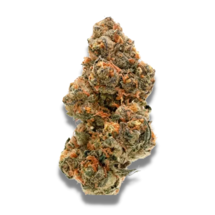 Close-up of Wedding Cake cannabis buds with dense trichomes and a mix of green and purple hues.