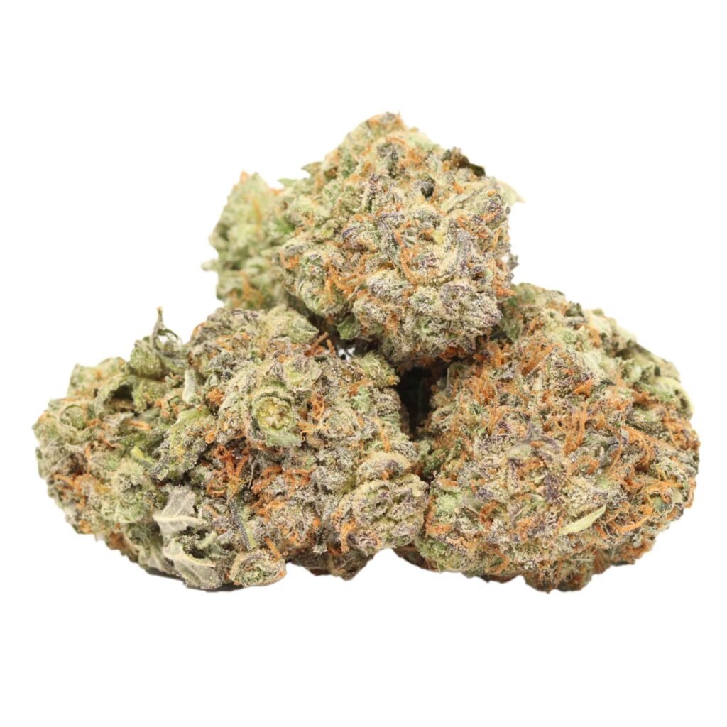 A close-up of Alpha OG cannabis buds, showcasing dense, resin-coated flowers with vibrant green hues and orange pistils.