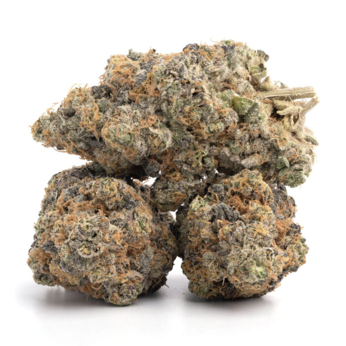 Close-up of dense Apple Fritter cannabis buds with frosty trichomes and vibrant green hues.