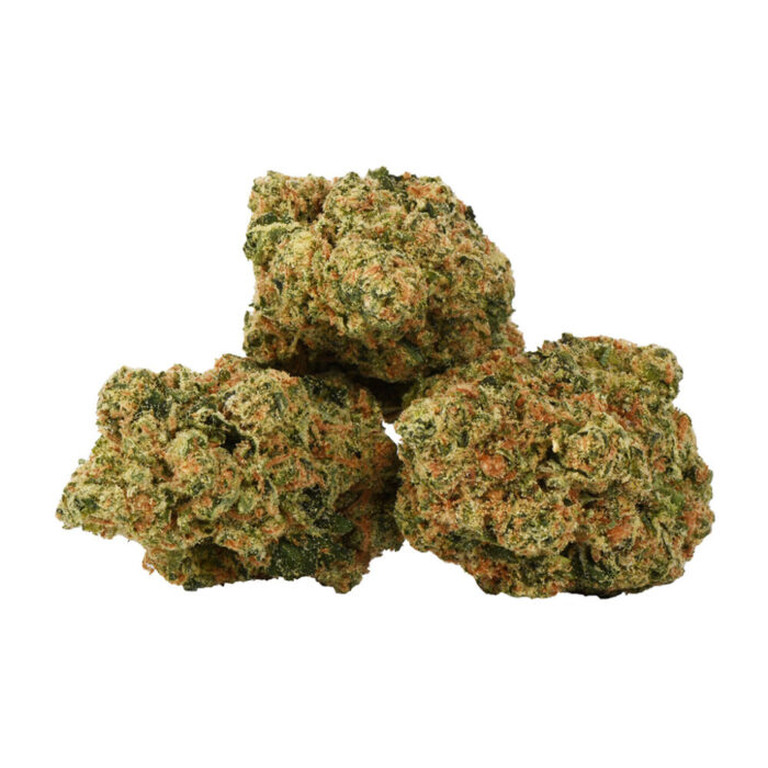 Close-up of Blue OG Kush cannabis buds with dense, resin-covered green and purple hues.