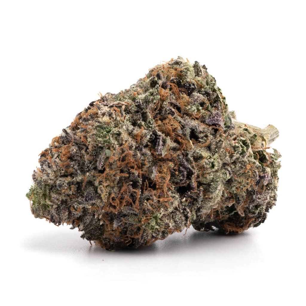 A close-up of Chocolate OG cannabis buds, featuring dense, frosty green flowers with deep purple hues, orange pistils, and a thick layer of trichomes, showcasing its rich appearance.