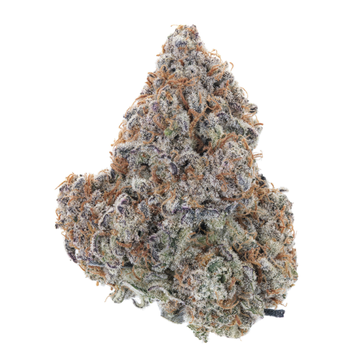 A close-up of Dosidos cannabis buds, featuring dense, frosty green flowers with purple hues, orange pistils, and a thick coating of trichomes.
