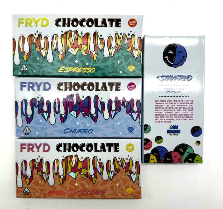 FRYD THC Chocolate 1000mg bar by Monster Of Terps, rich milk chocolate infused with THC, unwrapped on a clean surface.