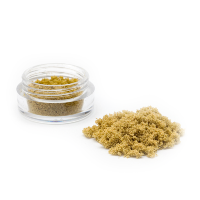 Golden Kief from Monster of Terps in a glass jar, showcasing its fine, golden powder texture.