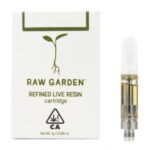 Raw Garden Live Resin Vape Cartridge from Monster of Terps, sleek design with golden concentrate visible inside.