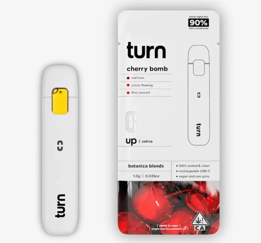 Red Cherry Bomb-themed THC disposable vape labeled "Turn | 2.0g AIO | Cherry Bomb" from Monster of Terps