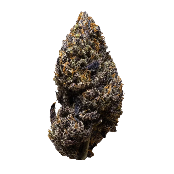 Close-up of the Apple Pie cannabis strain buds with dense, frosty trichomes and vibrant green leaves