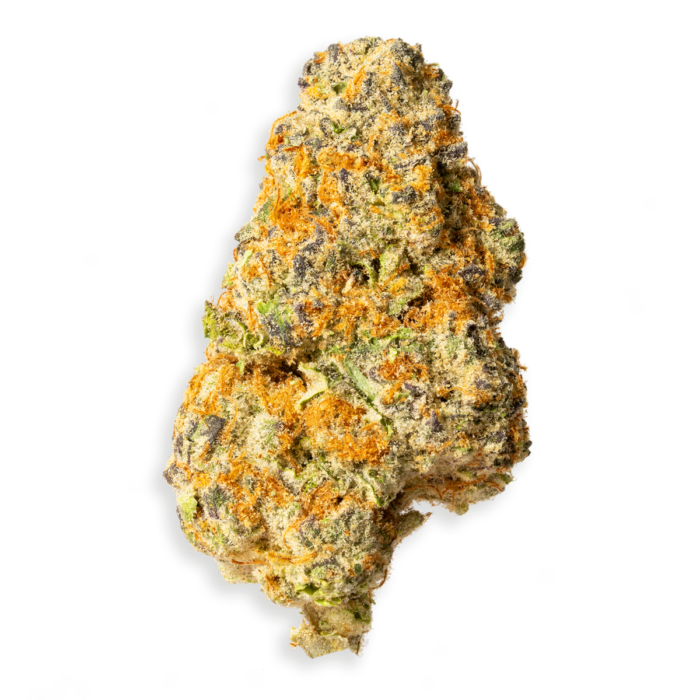 Close-up of Biscotti cannabis buds with dense trichomes, vibrant green hues, and purple accents, from Monster of Terps dispensary.