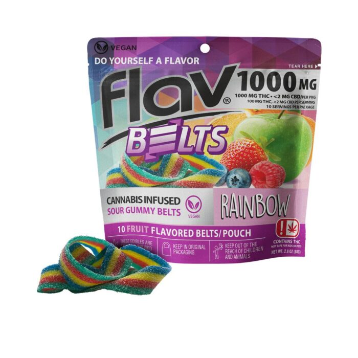 Flav Rainbow Sour Gummy Belts 1000mg THC gummies from Monster of Terps – sweet, sour, and powerful with vibrant rainbow colors.