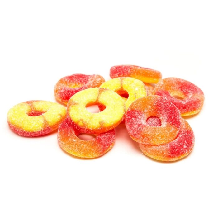 Medicated Peach Rings THC-infused gummy rings by Monster Of Terps, 400mg total per bag