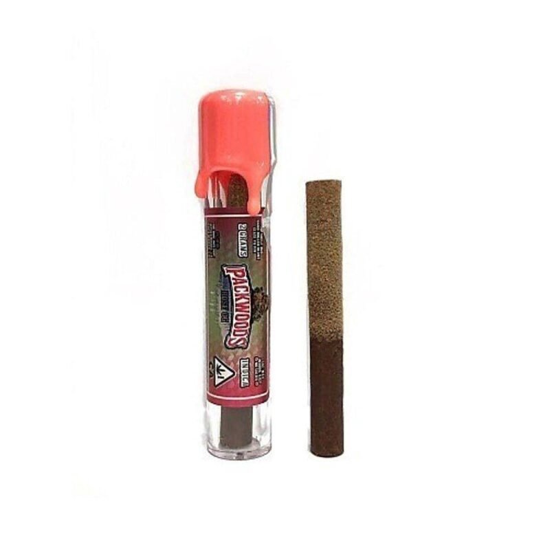 Close-up of a Rose OG Packwoods 2G Indica Preroll from Monster of Terps, hand-rolled in a natural leaf, filled with premium cannabis, concentrate, and kief.