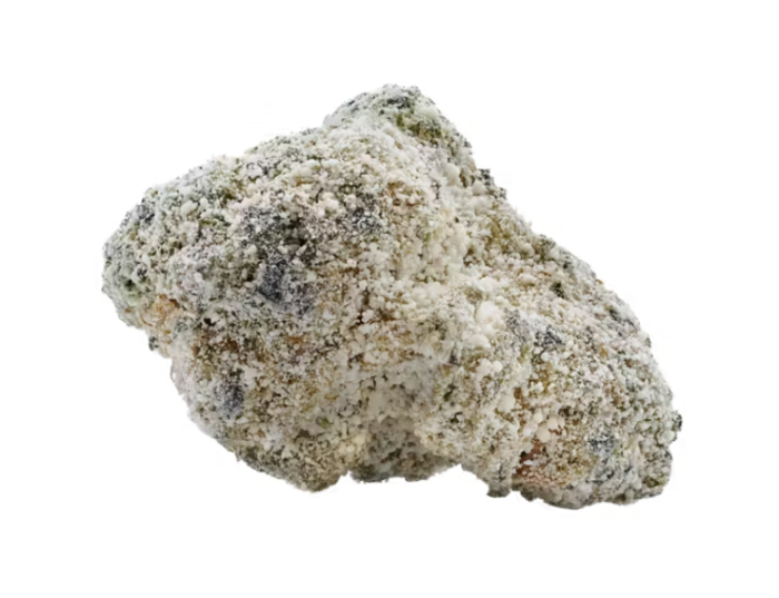 Close-up ofIced THCa Flower Vellatello cannabis buds by Monster of Terps, featuring frosty trichomes and diamond-like crystals.
