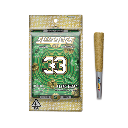 Close-up of 33 Mini Blunts - Sluggers Hit , a cannabis product in collaboration with Monster of Terps, shown in sleek packaging.