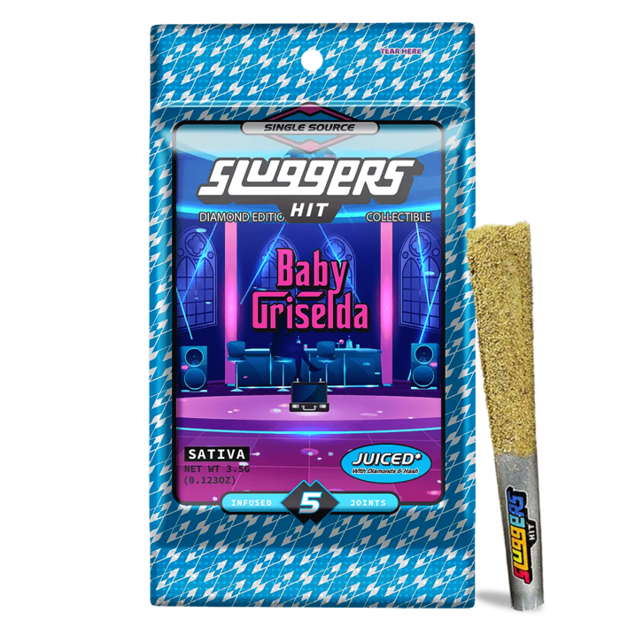 Sluggers Hit Juiced 5-Pack Baby Griselda pre-rolls by Monster of Terps in metallic tin packaging