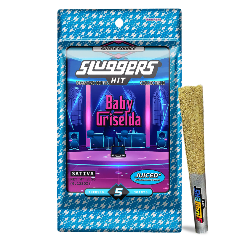 Sluggers Hit Juiced 5-Pack Baby Griselda pre-rolls by Monster of Terps in metallic tin packaging