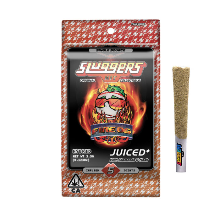 Fire OG Juiced Preroll by Sluggers Hit – premium infused pre-rolls in a reflective collectible tin