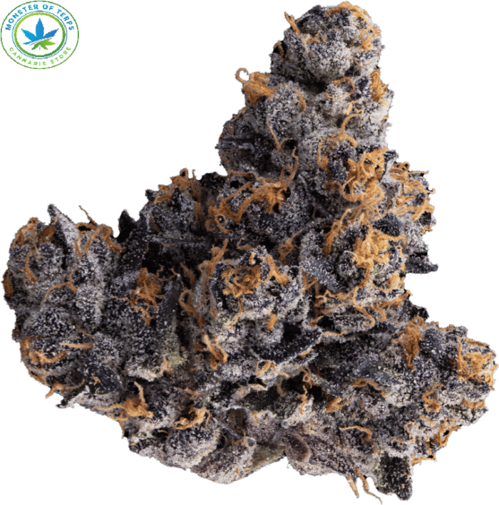 Close-up of Jealousy strain cannabis buds showing dense, olive-green flowers with orange hairs and frosty trichomes.