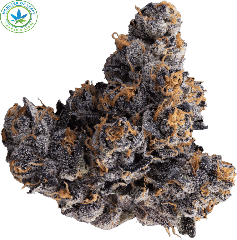 Close-up of Jealousy strain cannabis buds showing dense, olive-green flowers with orange hairs and frosty trichomes.