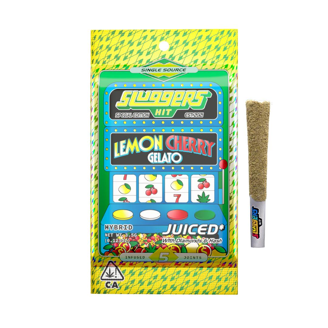 Lemon Cherry Gelato Juiced Sluggers 5-Pack by Sluggers Hit – infused cannabis pre-rolls in collectible reflective tin