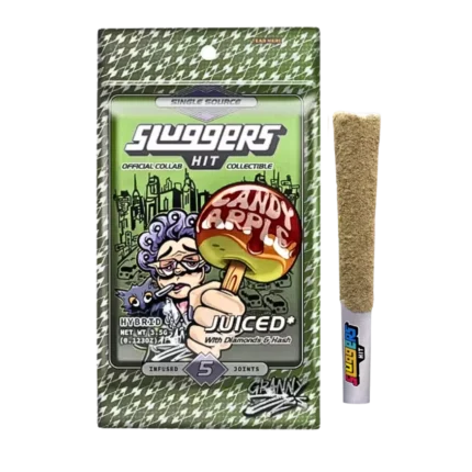 Sluggers Hit Juiced 5-Pack Candy Apple pre-rolls by Monster of Terps in reflective tin packaging