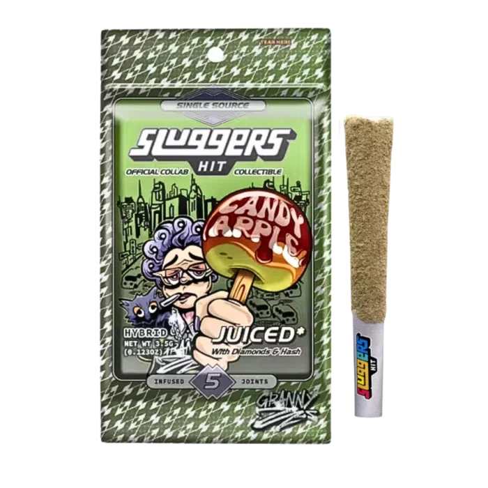 Sluggers Hit Juiced 5-Pack Candy Apple pre-rolls by Monster of Terps in reflective tin packaging