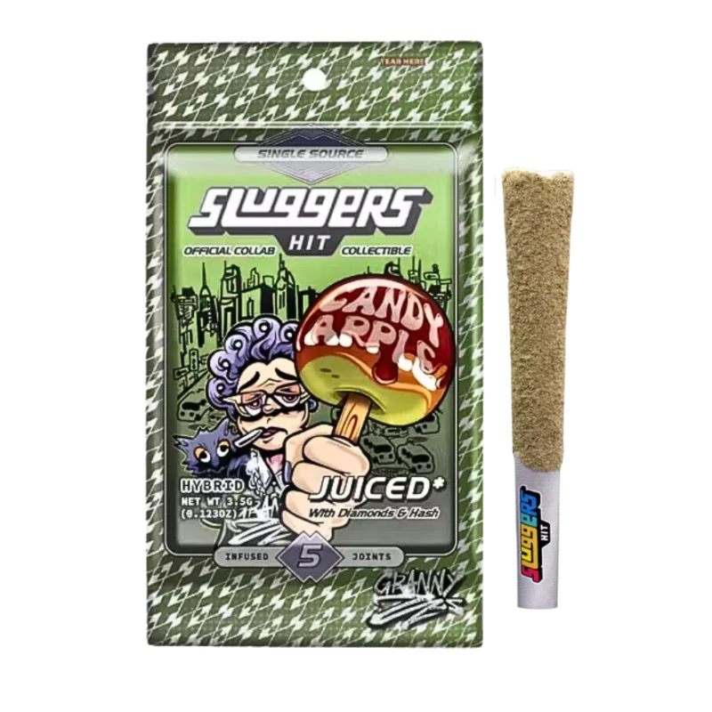 Sluggers Hit Juiced 5-Pack Candy Apple pre-rolls by Monster of Terps in reflective tin packaging