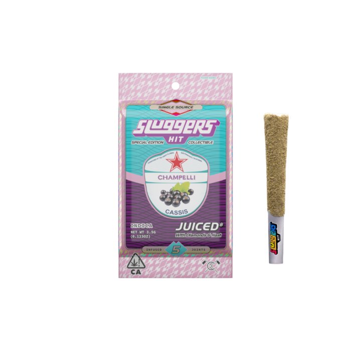 Champelli Juiced 5-Pack by Sluggers Hit and Monster of Terps in reflective tin with infused cannabis pre-rolls