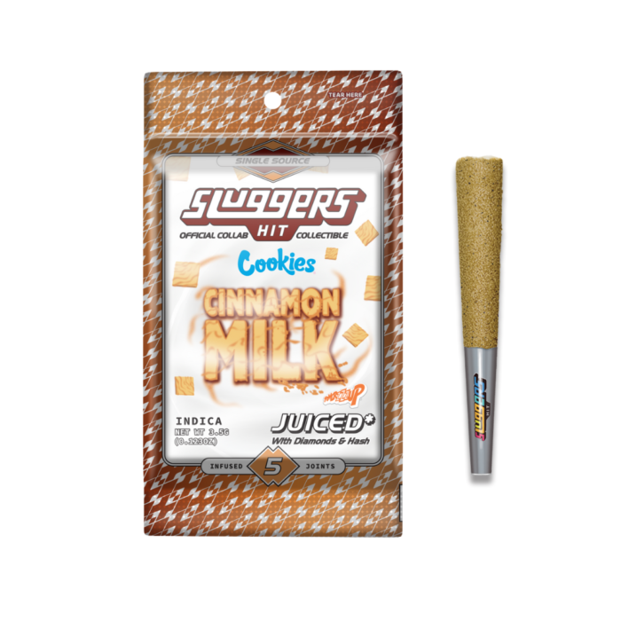 Cinnamon Milk Juiced 5-Pack by Sluggers Hit in reflective collectible tin with infused cannabis pre-rolls