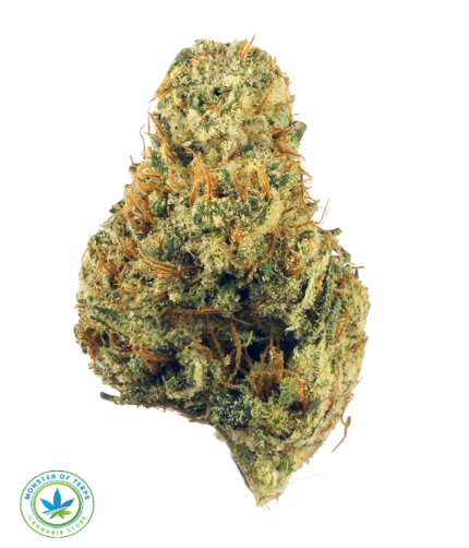Close-up of Cheesecake weed strain buds featuring dense, frosty trichomes and a mix of green and orange hues – indica strain for relaxation and sleep